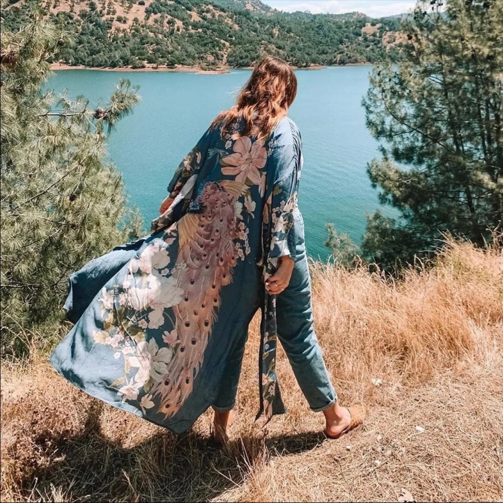 Boho Kimono Floral Bird Print Maxi Gypsy Coverup - Picture 10 of 10
